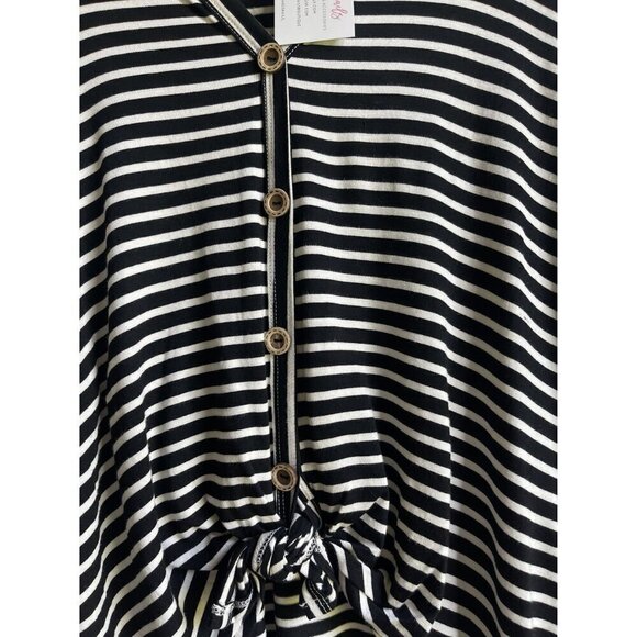New! Bibi Size Medium Black White Striped V-Neck Top Tie Knot Waist - Picture 6 of 12